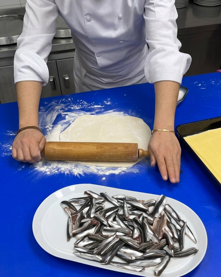 打ち粉をした青い調理台の上で、木製の麺棒を使って丸いピザ生地を平らに伸ばしているシェフの手と、その横に置かれた下処理済みのイワシの皿。