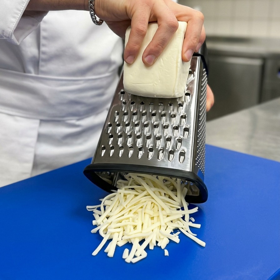 シルバーの四面おろし器を使って、白いブロックチーズを青いカッティングボードの上にすりおろしているシェフの手。
