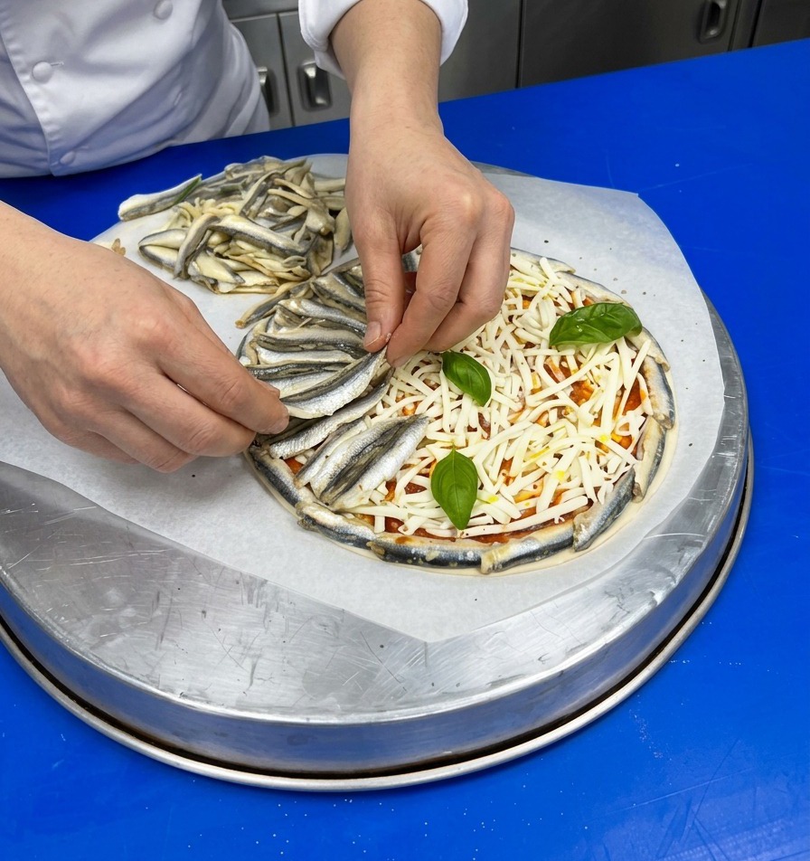 チーズを覆うように、小ぶりのイワシのフィレを同心円状に丁寧に重ねて並べているシェフ。