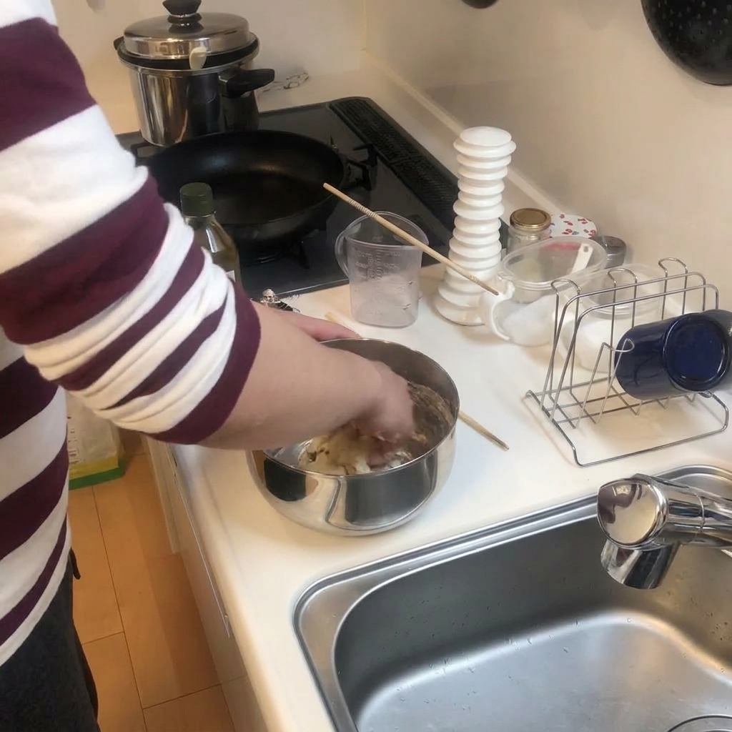 ボウルの中で、ピザ生地を素手でひとまとまりにこねている様子。
