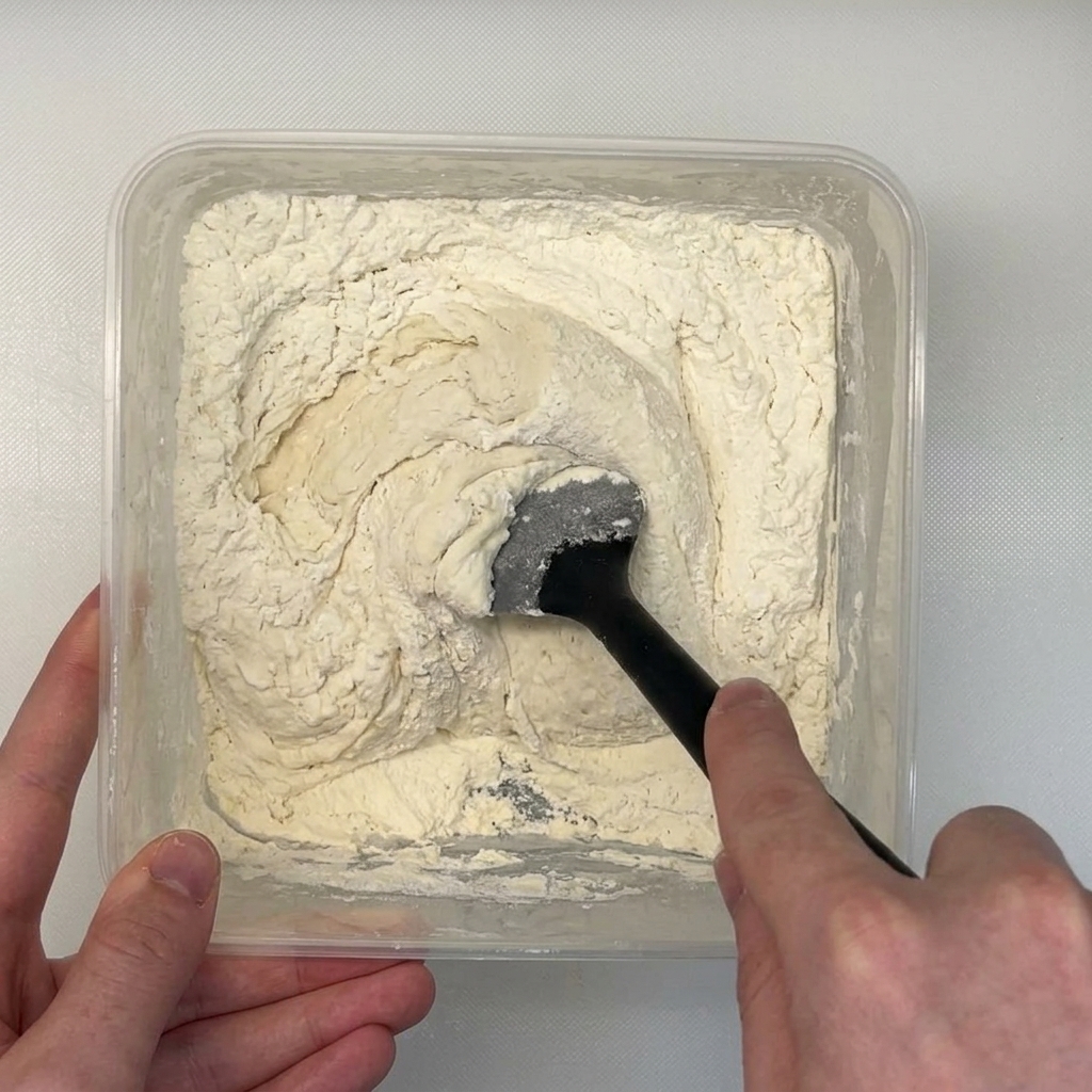 発酵して泡立ったポーリッシュ種に、さらに小麦粉を加えて混ぜている様子。
