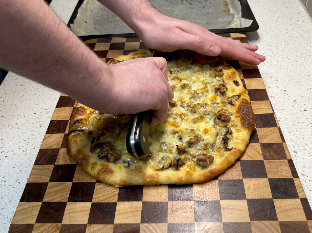焼き上がったピザをボードの上で長方形に切り分けている様子。