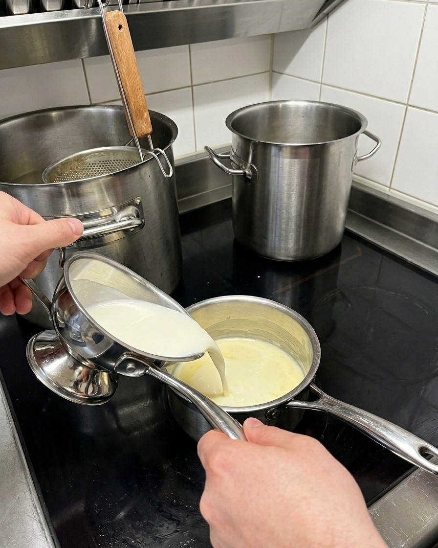 ルーが入った鍋にピッチャーから温かい牛乳をゆっくり注ぐ様子。