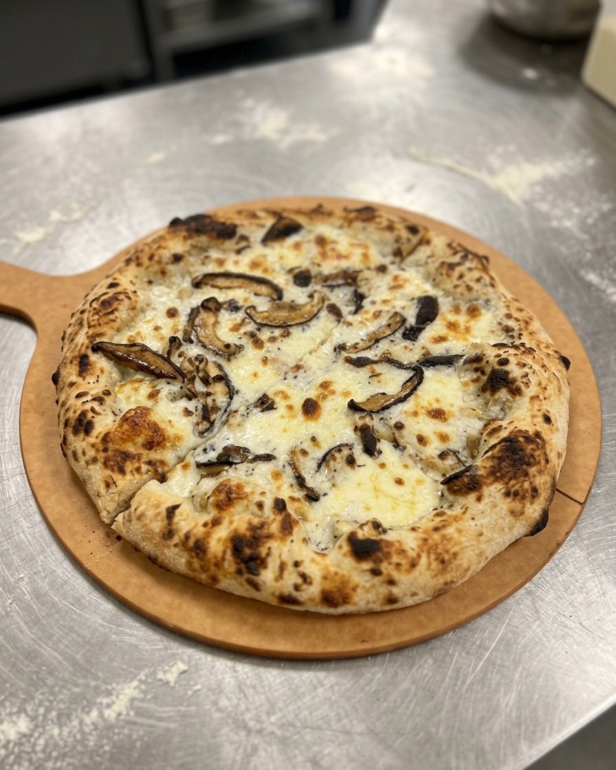 焼き上がり、木製のボードの上で切り分けられたピザ。
