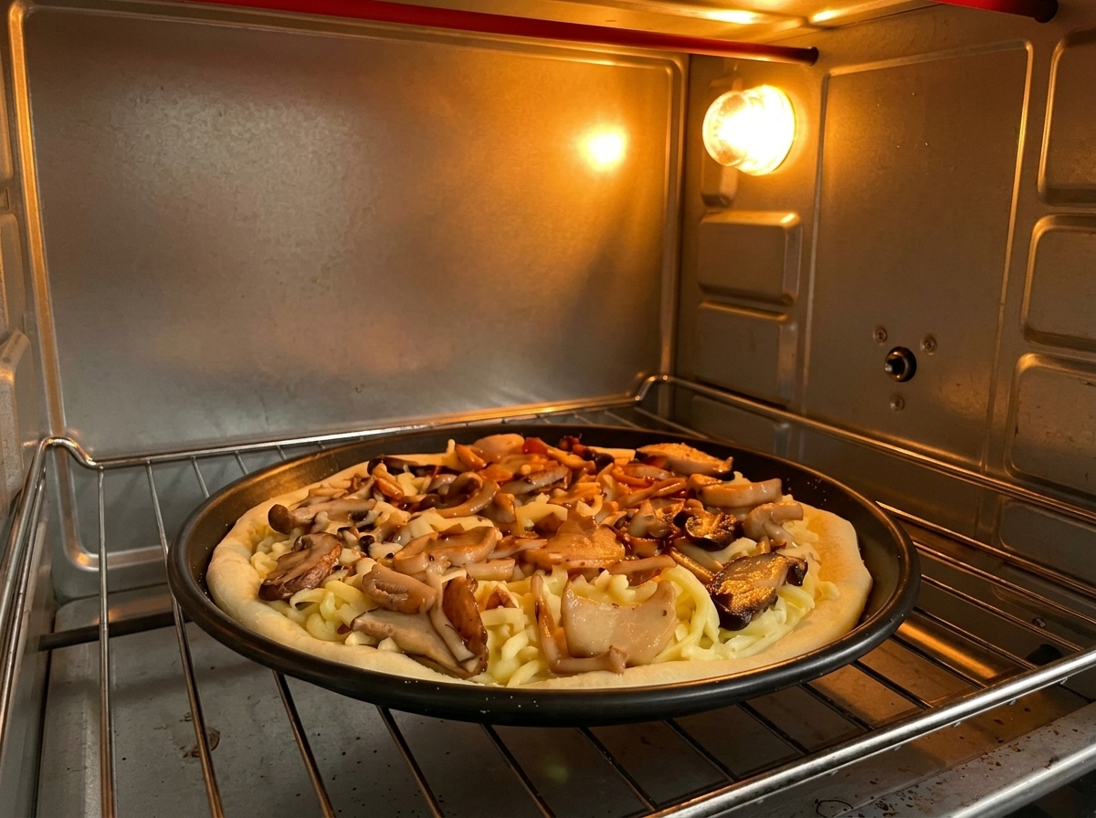 オーブンの中で香ばしく焼き上がっているマッシュルームピザ。