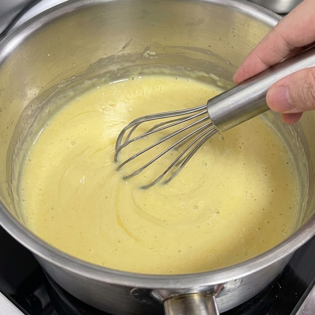泡立て器でバターと小麦粉を混ぜてペースト状にしている様子。