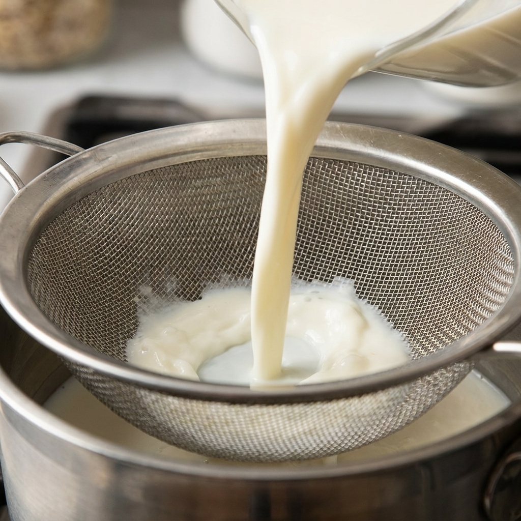 ルゥが入った鍋に、温かい牛乳を濾しながら注いでいる様子。