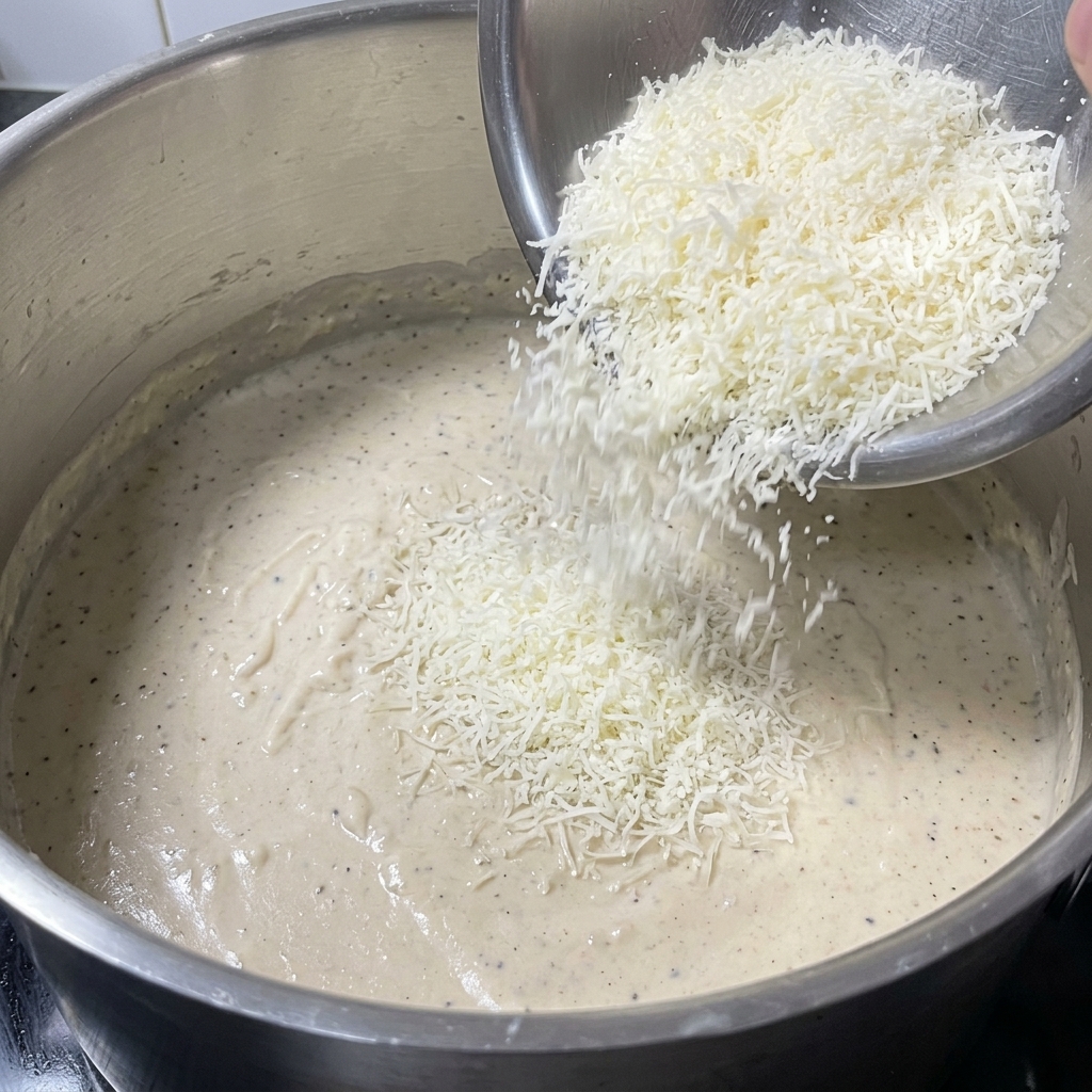 濃厚なホワイトソースにたっぷりのパルメザンチーズを入れている様子。