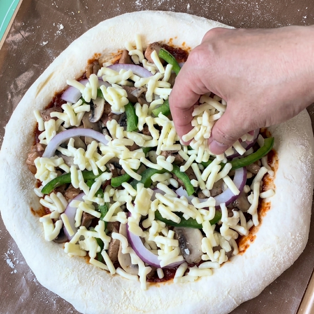 たっぷりのチーズをかけてオーブンに入れる前のピザ