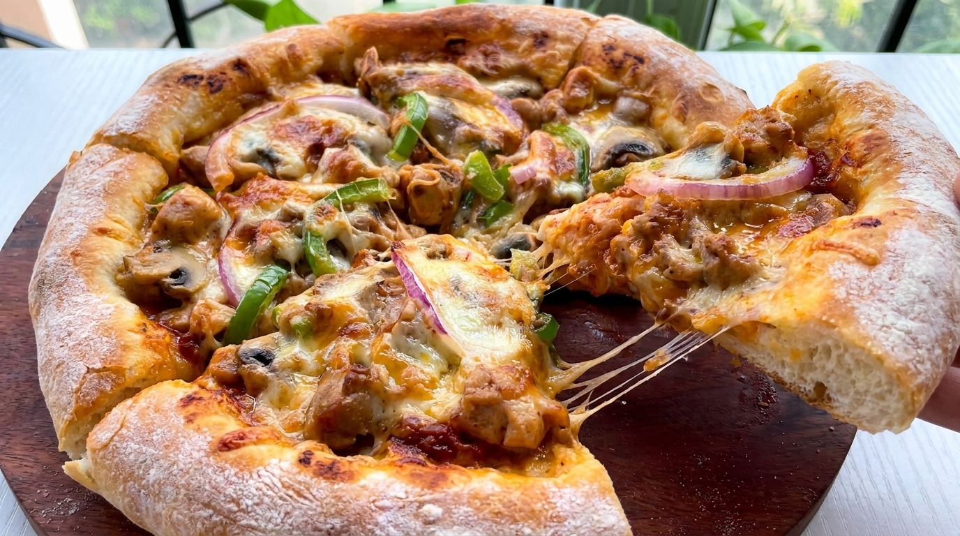 自家製オルレアン風チキンとマッシュルームのピザ