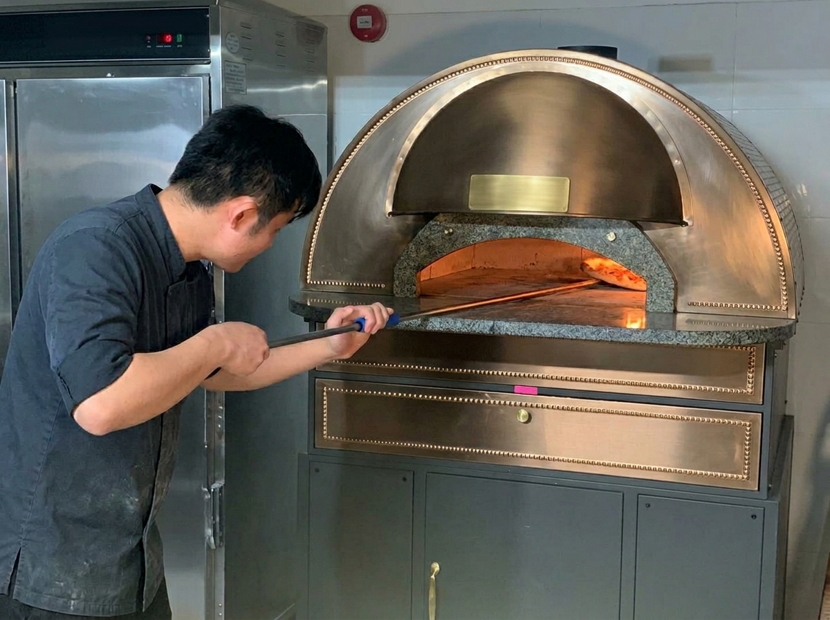 真鍮色のドーム窯の中で、長いピールを使ってピザを回転させながら焼き具合を確認する様子。