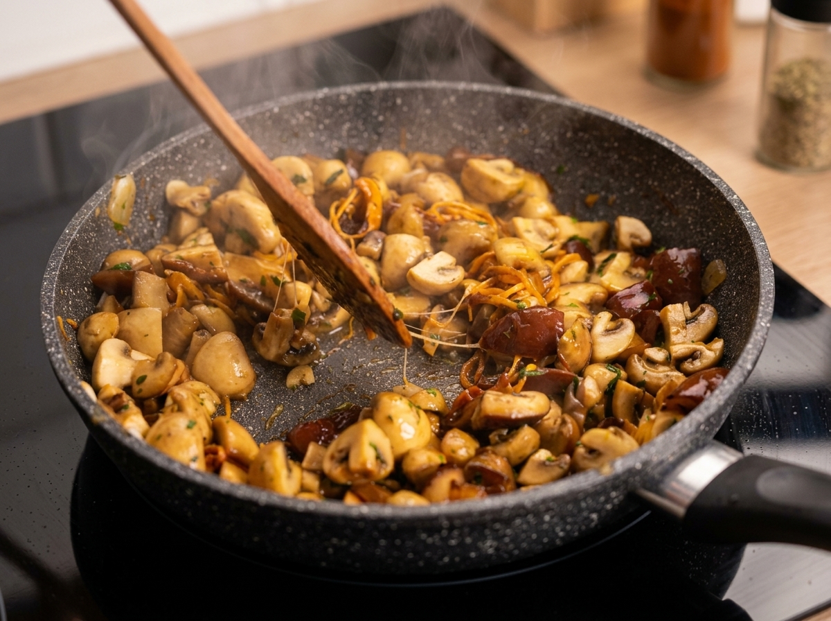 香ばしく焼き色がつき、旨味が凝縮されたきのこ炒め。