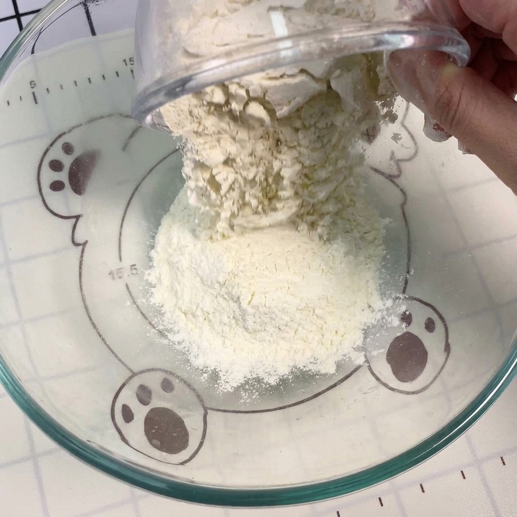 ボウルに入った白い小麦粉の上に、小さな容器からドライイーストを振りかけている様子。