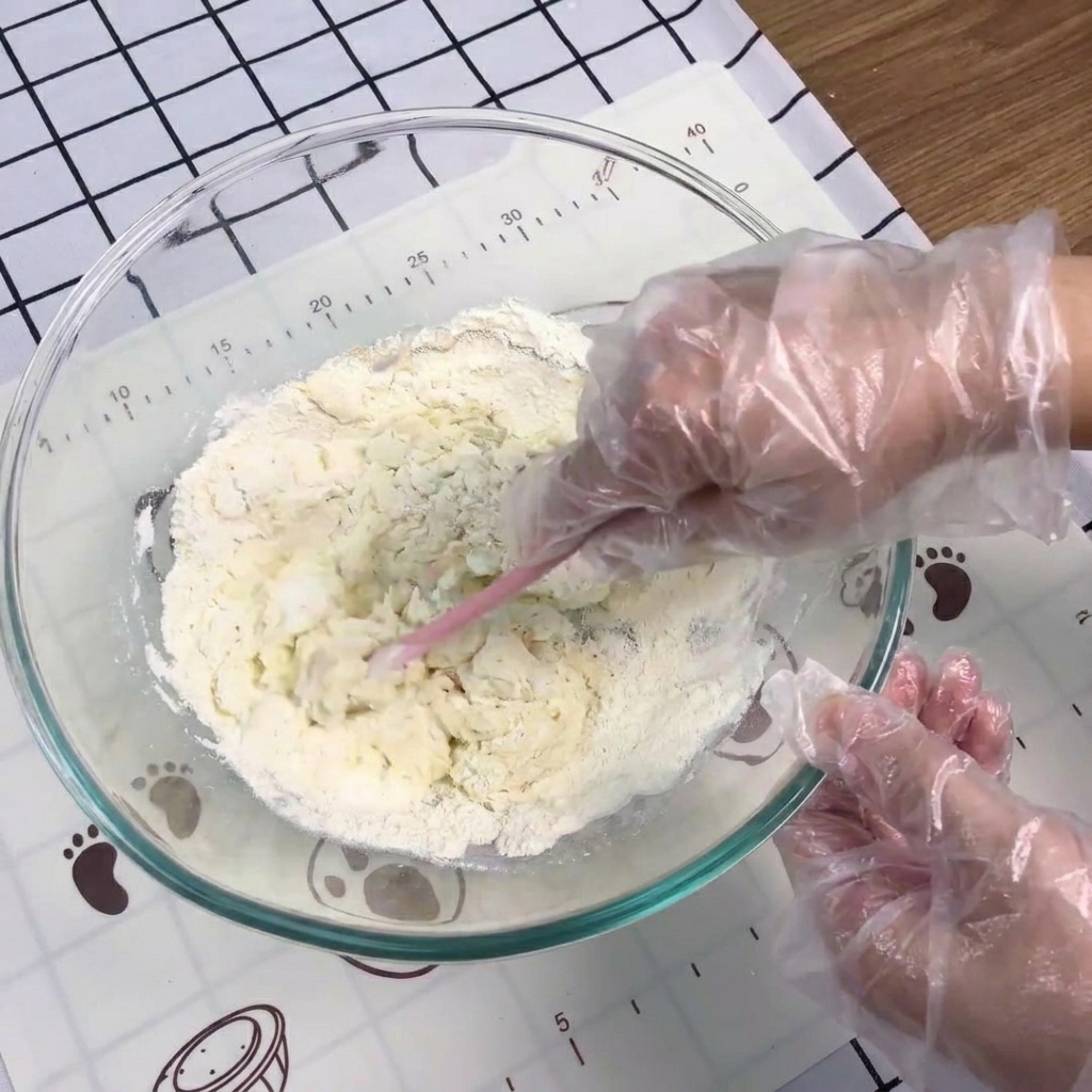 ボウルの中でヘラを使い、小麦粉とイーストを混ぜ合わせている様子。