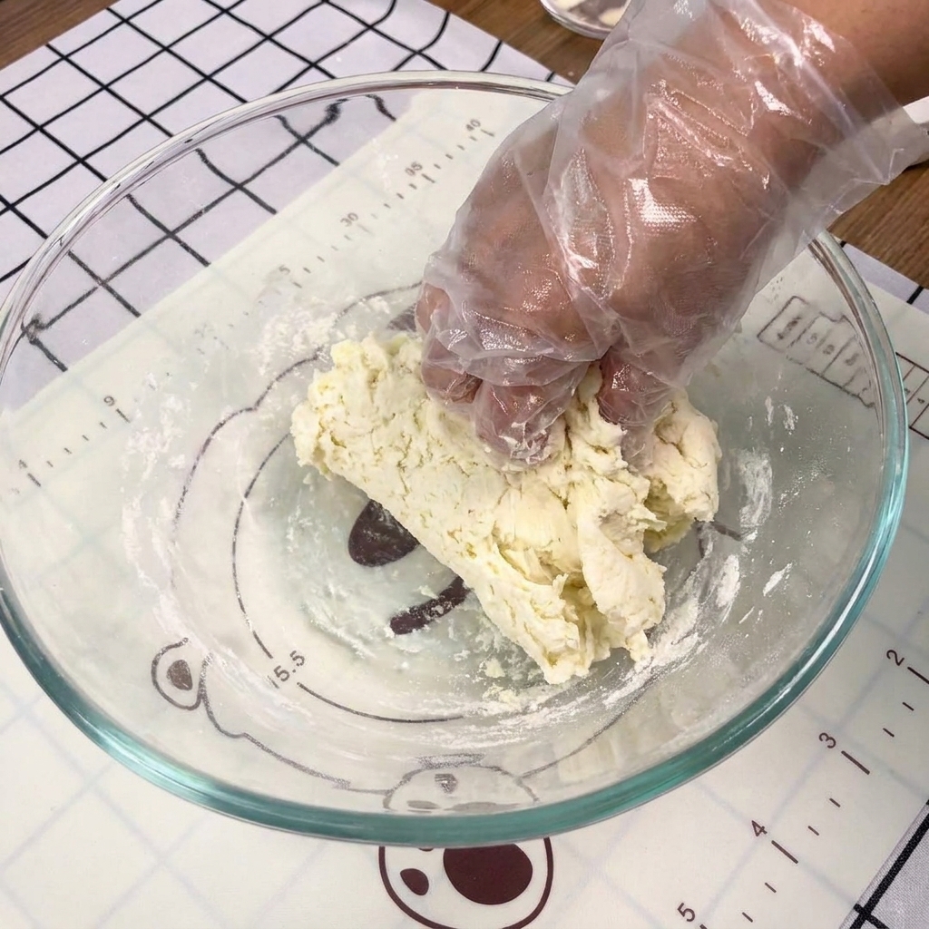 手袋をした手で、ボウルの中のまとまった生地を力強くこねている様子。