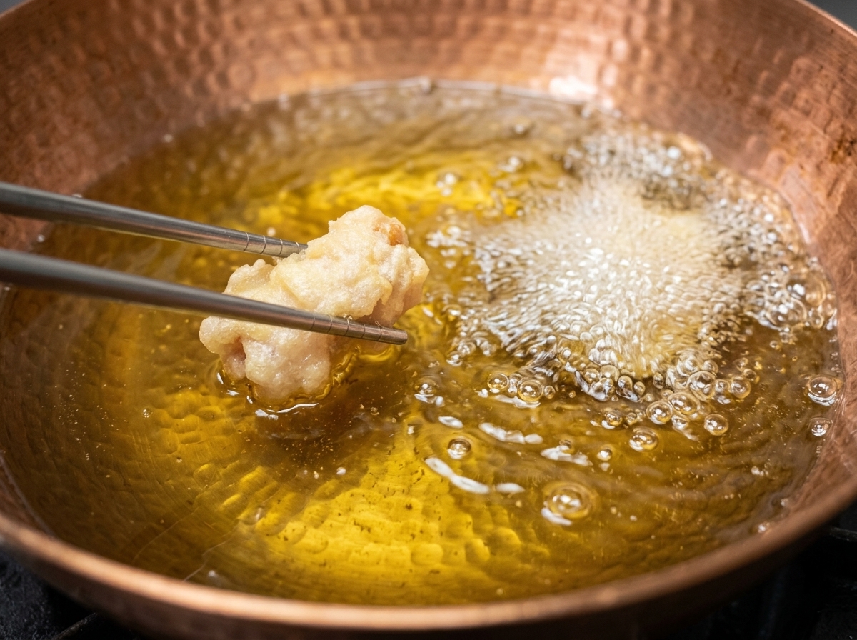 高温の油の中で、黒い衣のチキンを菜箸で裏返しながら揚げている様子。