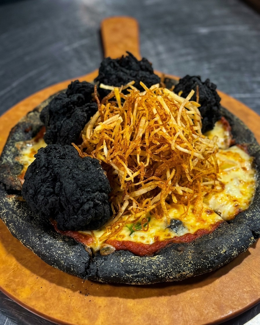 焼き上がったピザの中央にポテトを高く盛り、その周りに黒いフライドチキンを配置した様子。