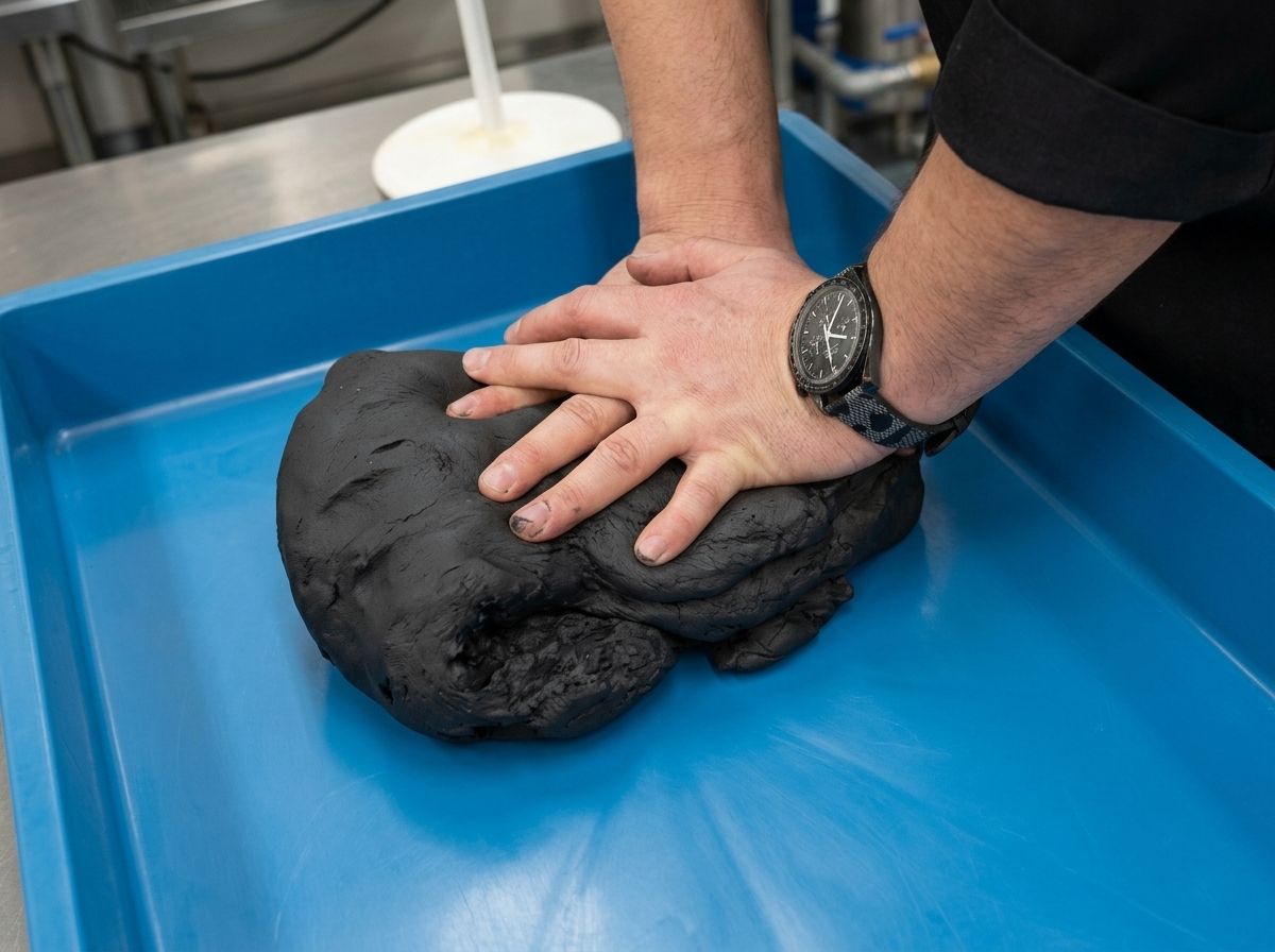 青いプラスチックトレイの中で、大きな黒い生地の塊を両手で力強く押し広げている様子。