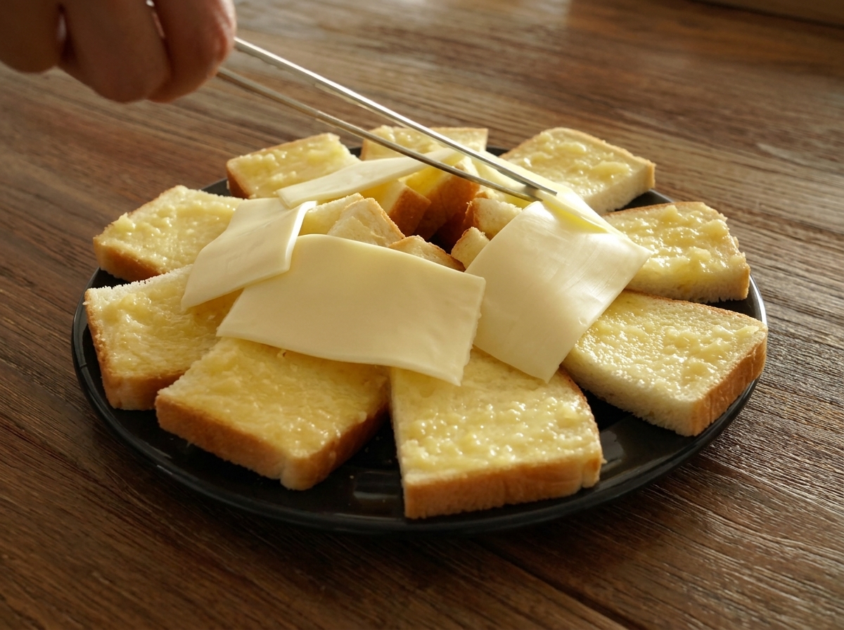 ガーリックバターを塗ったパンの中央のくぼみに、トングでスライスチーズを置く様子。