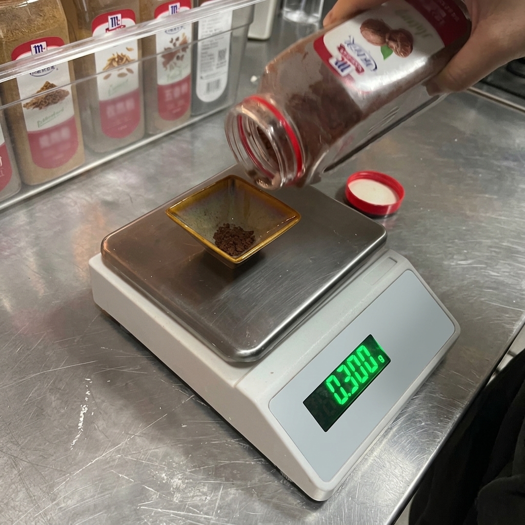 デジタルスケールに乗せた小さな皿に、茶色のナツメグパウダーを慎重に注いでいる様子。