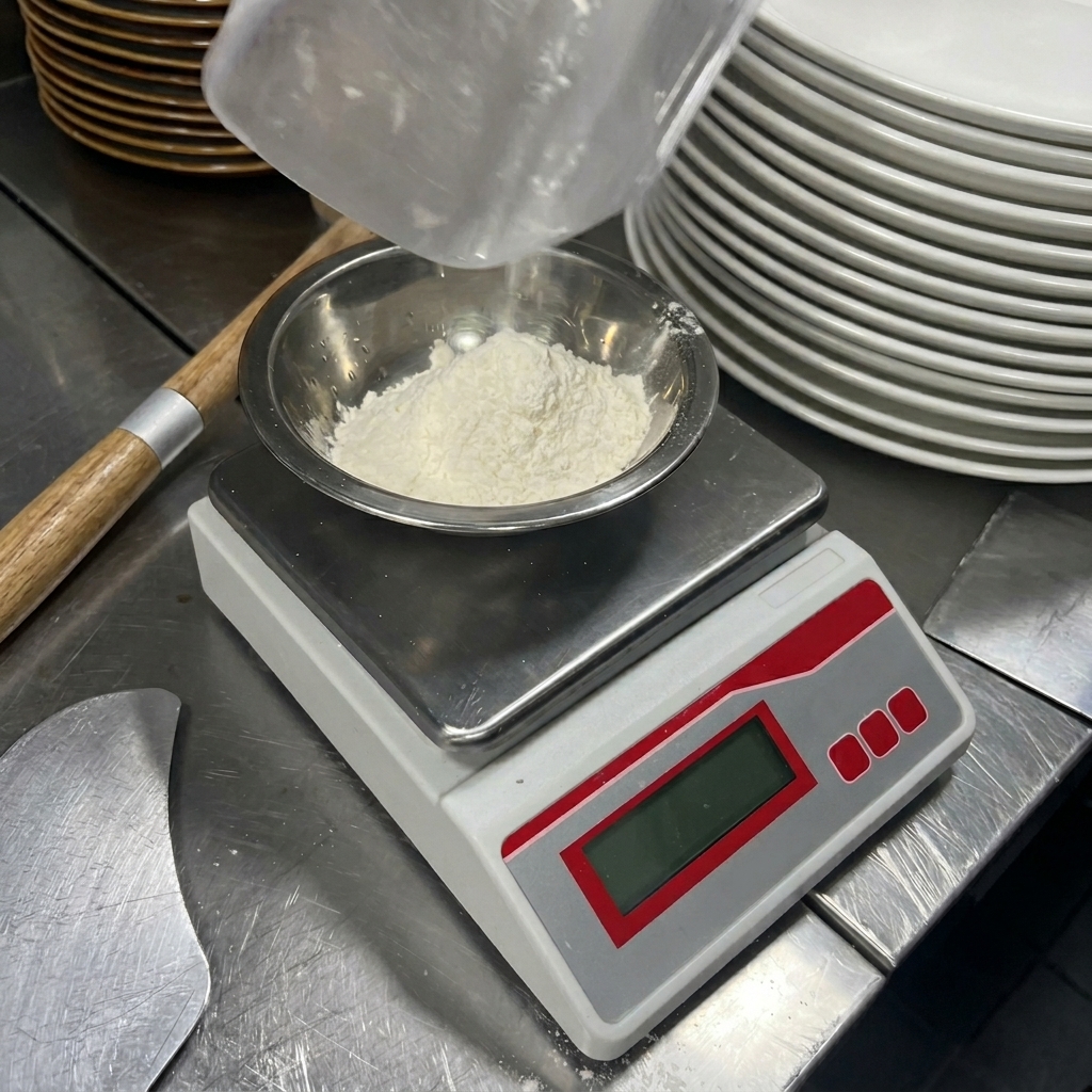 デジタルスケールに乗せたステンレスボウルに、白い小麦粉を入れている様子。