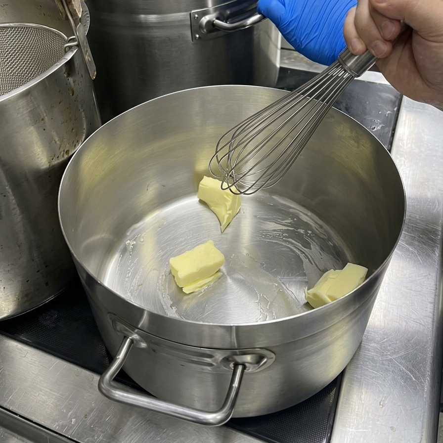 大きなステンレス鍋の中で、泡立て器を使ってバターをゆっくり溶かしている様子。