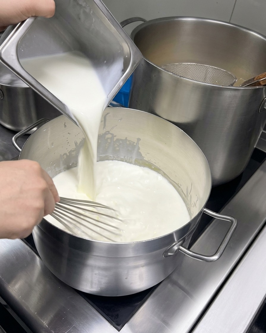 鍋の中のルーを混ぜながら、牛乳と生クリームを少しずつ注ぎ入れている様子。