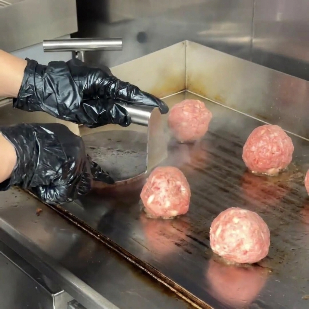 黒い手袋をはめた手が、金属製のバーガープレスを使って熱い鉄板の上で肉を平らにつぶしている様子