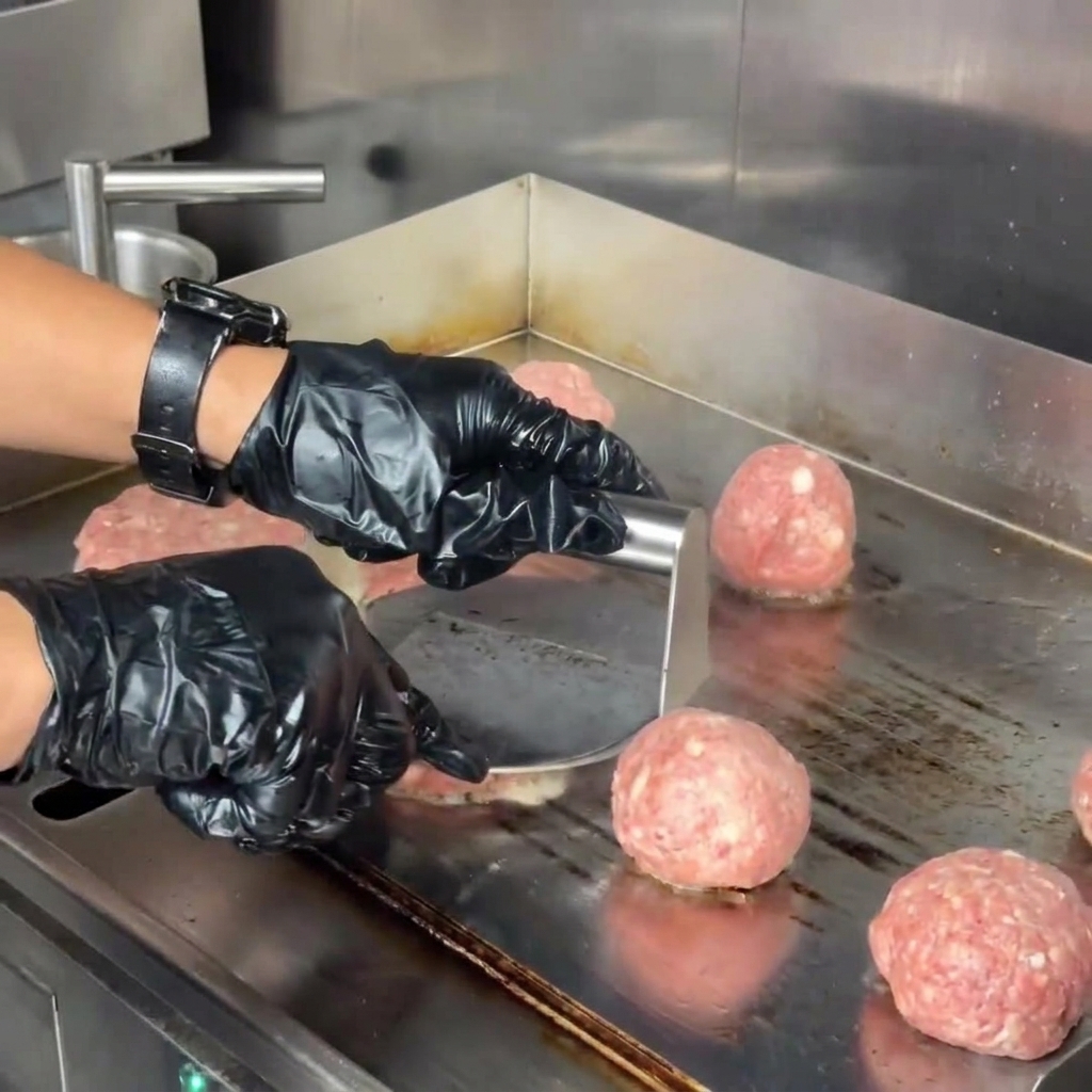 黒い手袋をはめた人が、湯気が上がる鉄板の上で丸いプレス機を使い、肉の厚みを確認しながら押しつぶしている様子