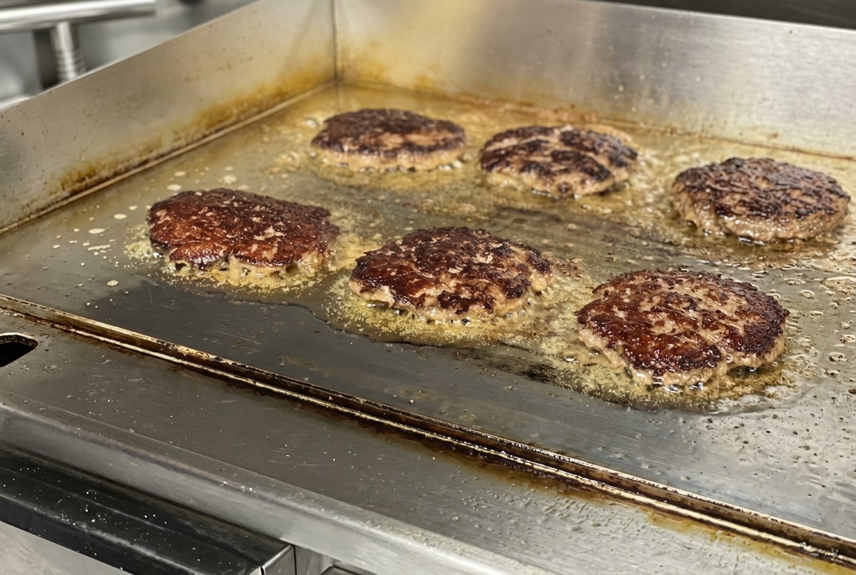 鉄板の上で裏返されたパティ。表面が濃い茶色にカリッと焼け、溢れ出した肉脂が泡立っている様子