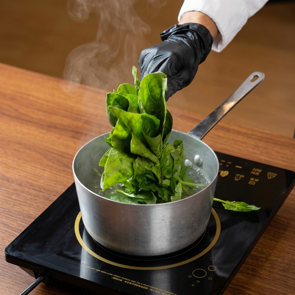 沸騰したお湯の入った鍋に、新鮮な生のほうれん草を黒い手袋をした手で入れている様子。