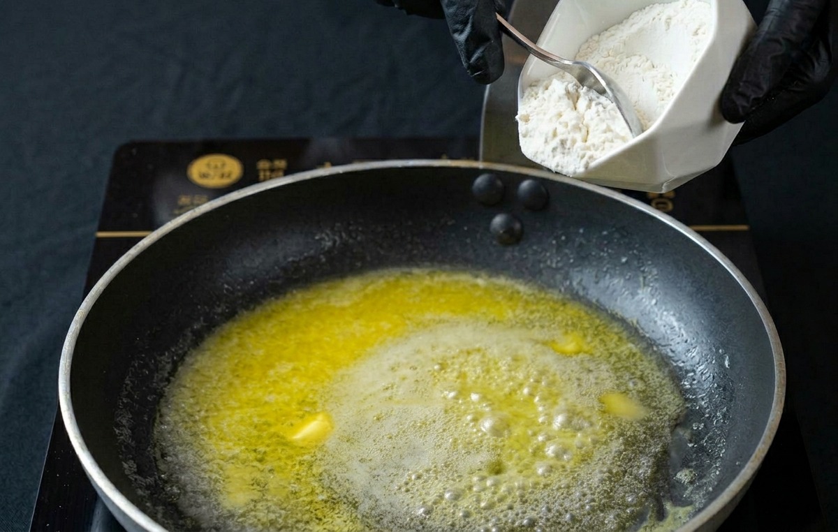 フライパンの溶けたバターの中に、小さなボウルから小麦粉を振り入れている様子。