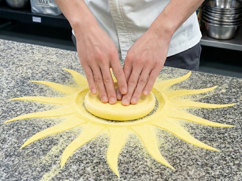 打ち粉を広げた作業台の上で、ピザ生地を円形に押し伸ばしているシェフの手元。