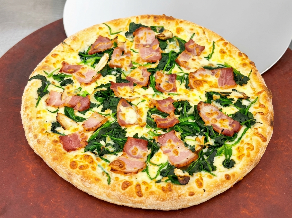 こんがりと黄金色に焼き上がり、チーズがとろけたピザをピザピールで取り出している場面。