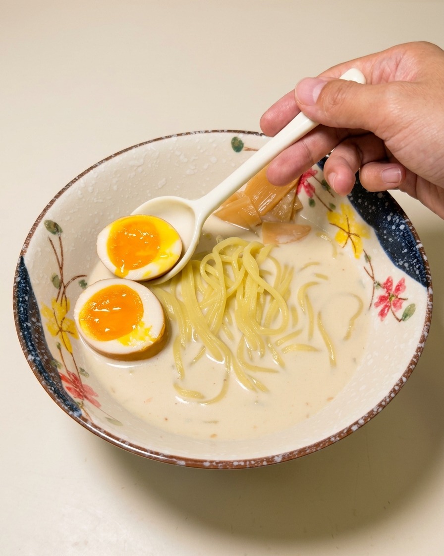 とろりとした黄身が鮮やかな半熟卵を、麺の上に丁寧に配置している様子。