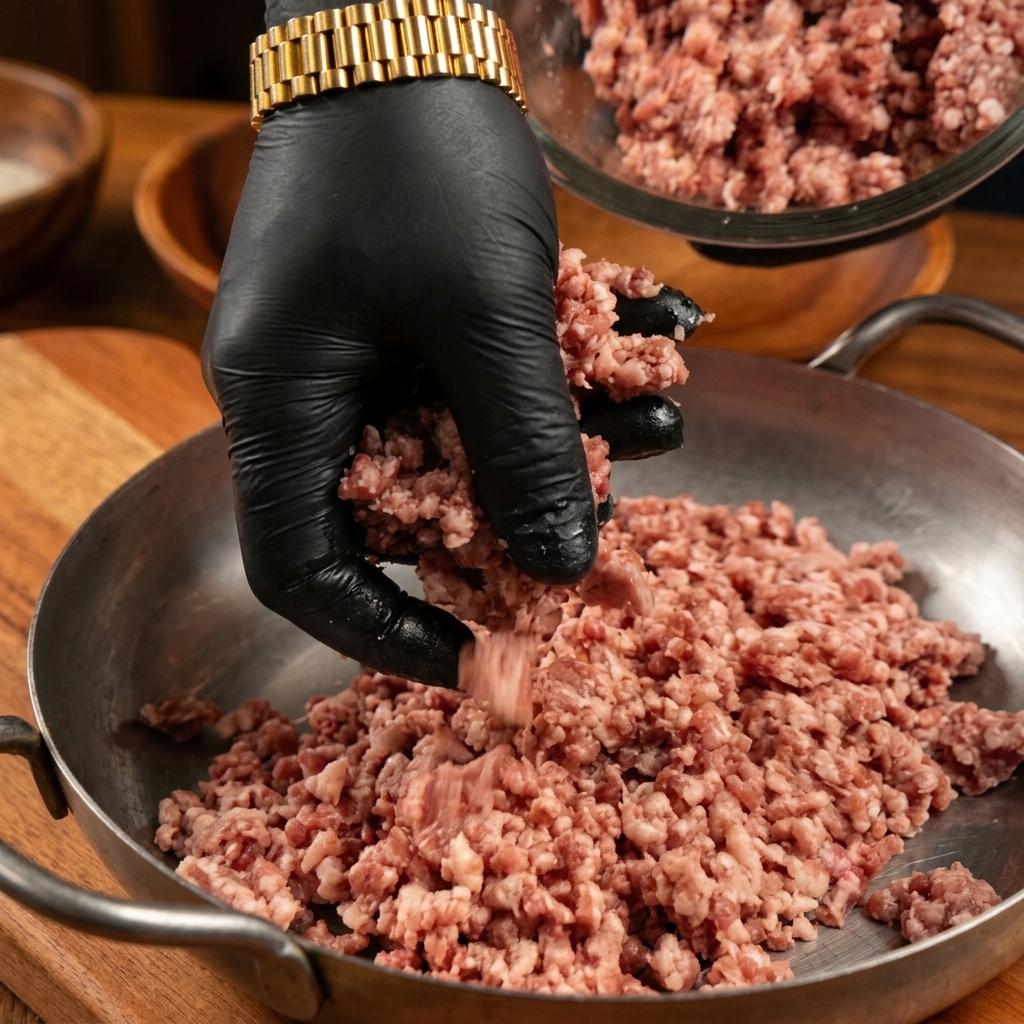 黒い手袋を着用した人が生の牛肩ロースひき肉を金属製のトレイに入れている様子。