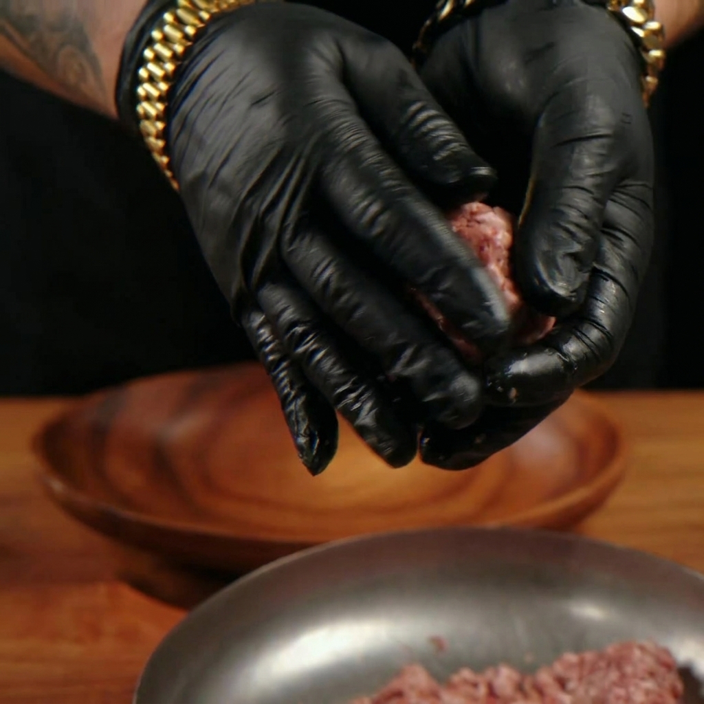 手袋をした手で、生のひき肉を木製プレートの上で優しく丸い形に整えている様子。