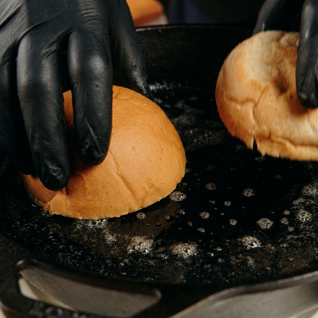 バターが溶けた熱い鋳鉄製スキレットに、手袋をした手でバンズの断面を押し当てて焼いている様子。