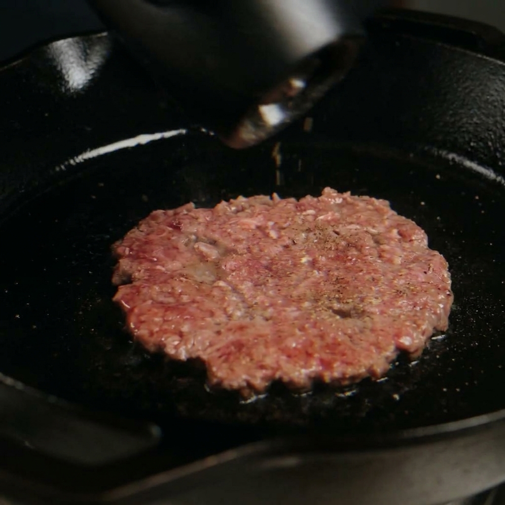 スキレットでジューシーに焼けているパティの上に、ペッパーミルで黒胡椒を挽きかけている様子。
