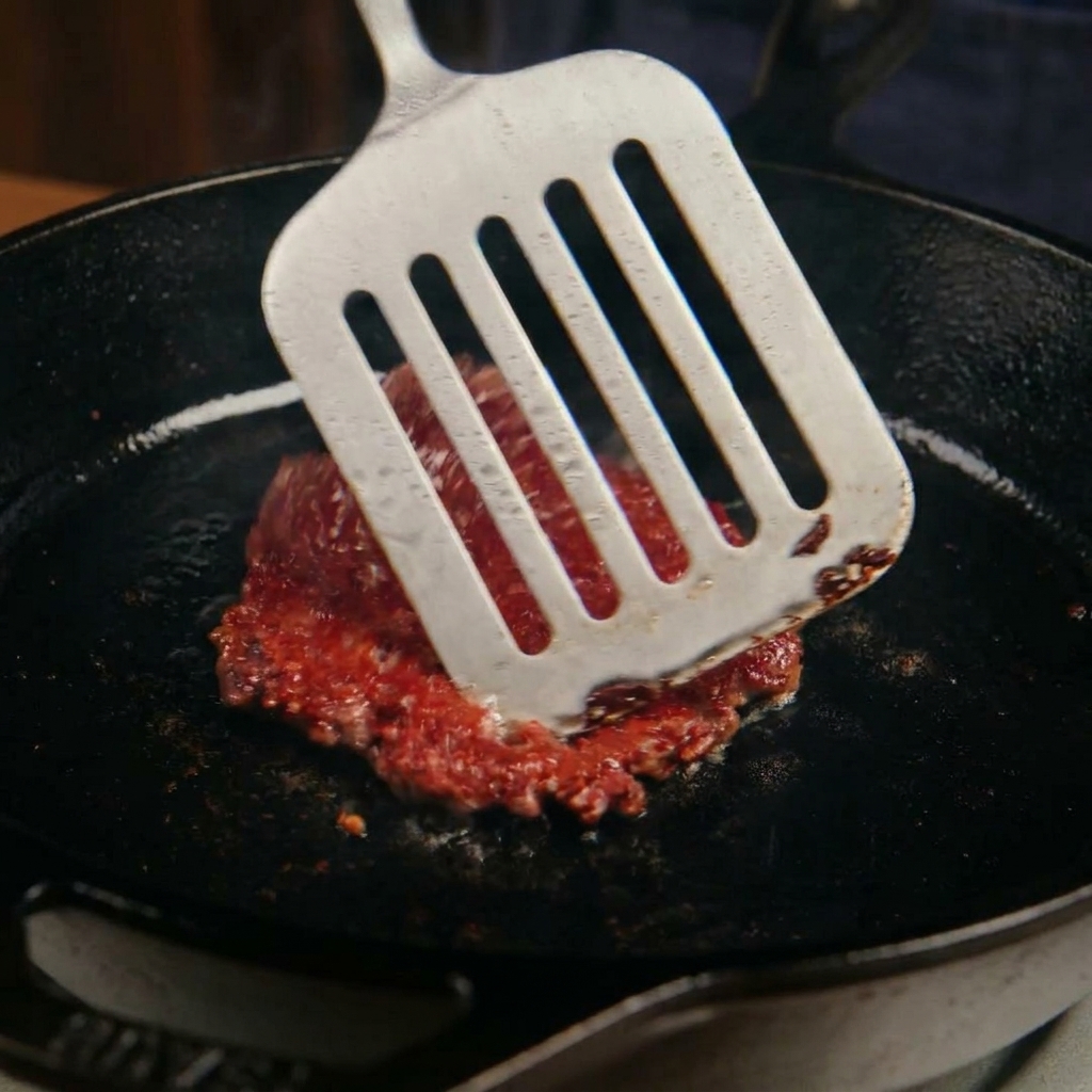 金属製のターナーを使って、こんがりとカリカリに焼き色のついたスマッシュパティを裏返している様子。