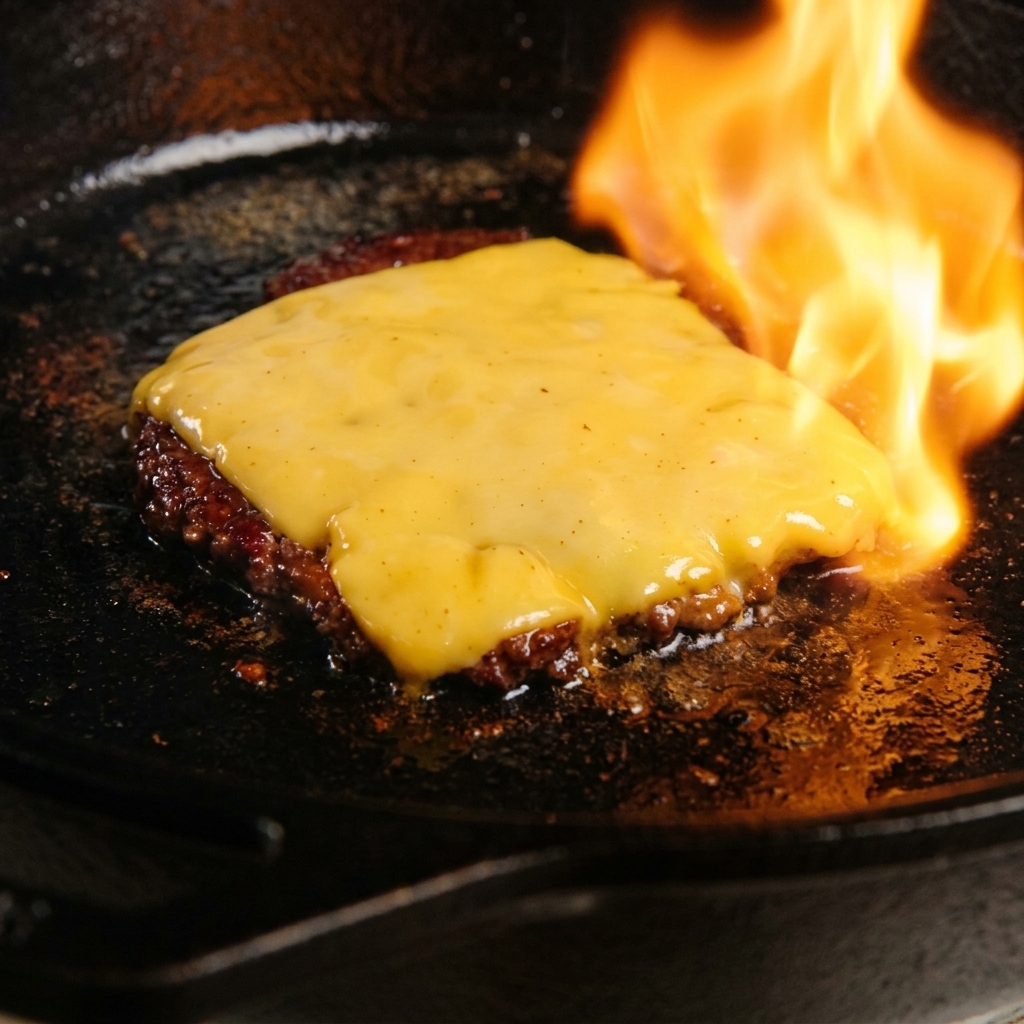 スキレットの上のパティにのせたチェダーチーズを、キッチンバーナーの火で炙って溶かしている様子。
