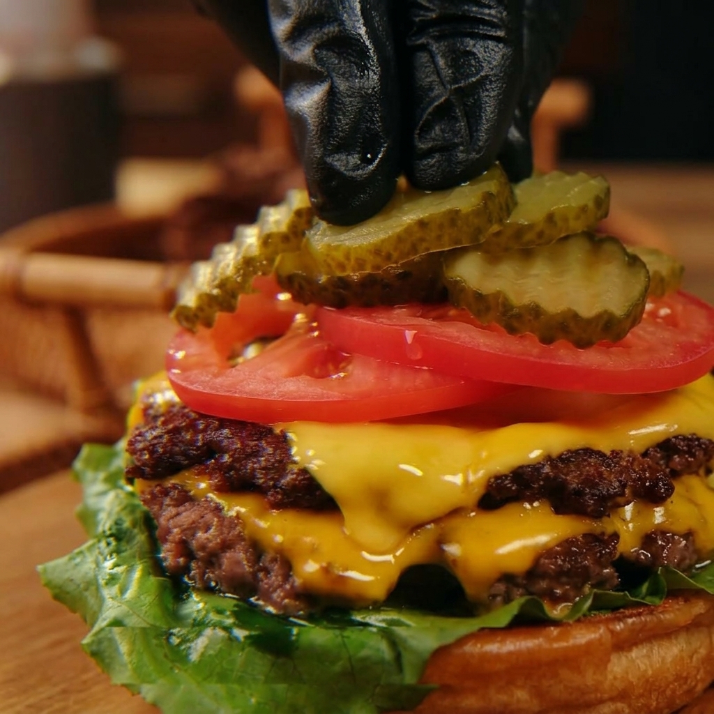 トマトの上に波型カットのピクルスをのせて、トリプルチーズバーガーを仕上げている様子。