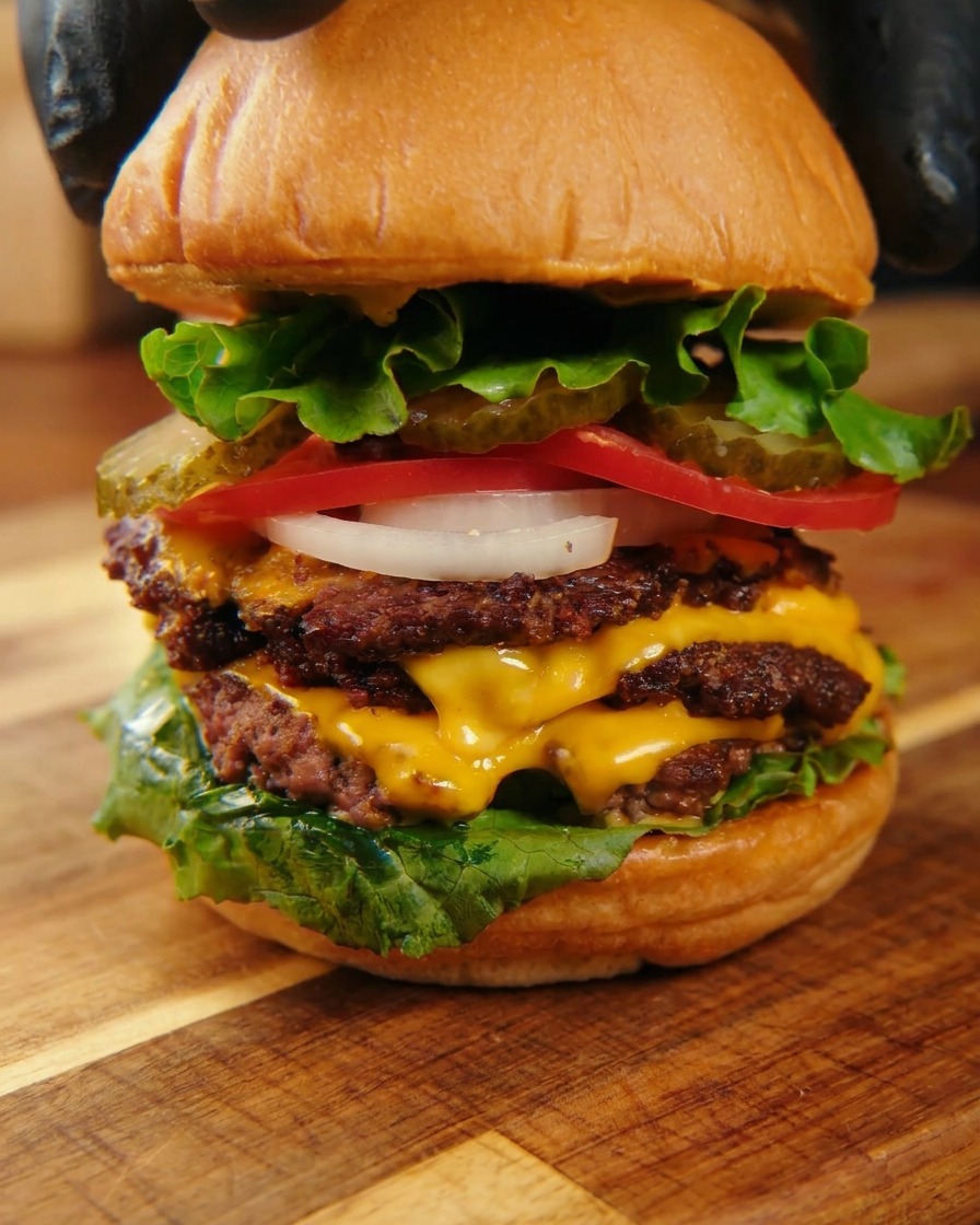 巨大なトリプルチーズバーガーの上に、手袋をした手で上のバンズをのせて完成させている様子。