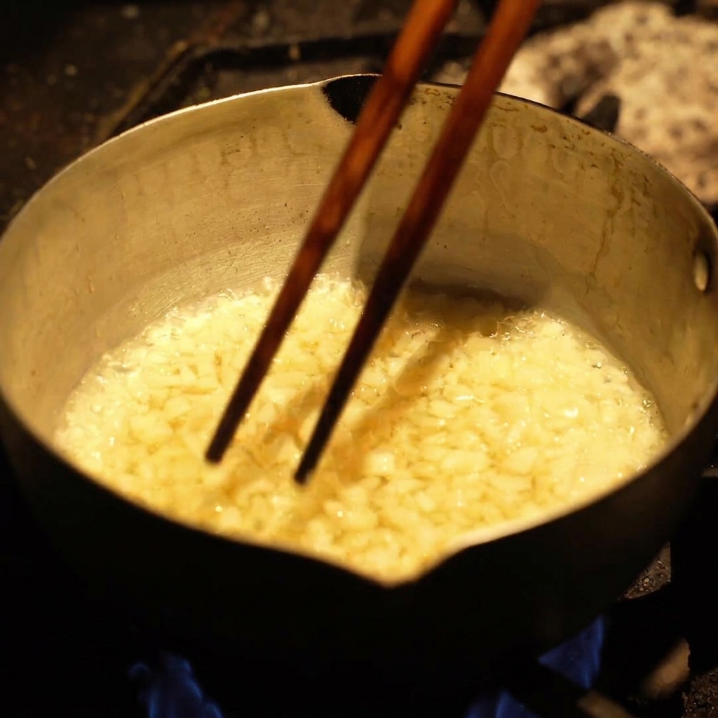 鍋の中で、泡を出しながらにんにくが油で揚げられている様子。
