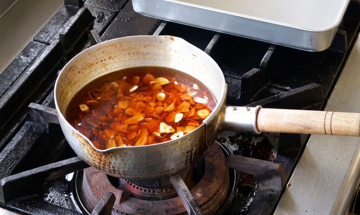 火にかける前の小鍋に、ラードとごま油、そして生の薄切りにんにくが入っている状態。