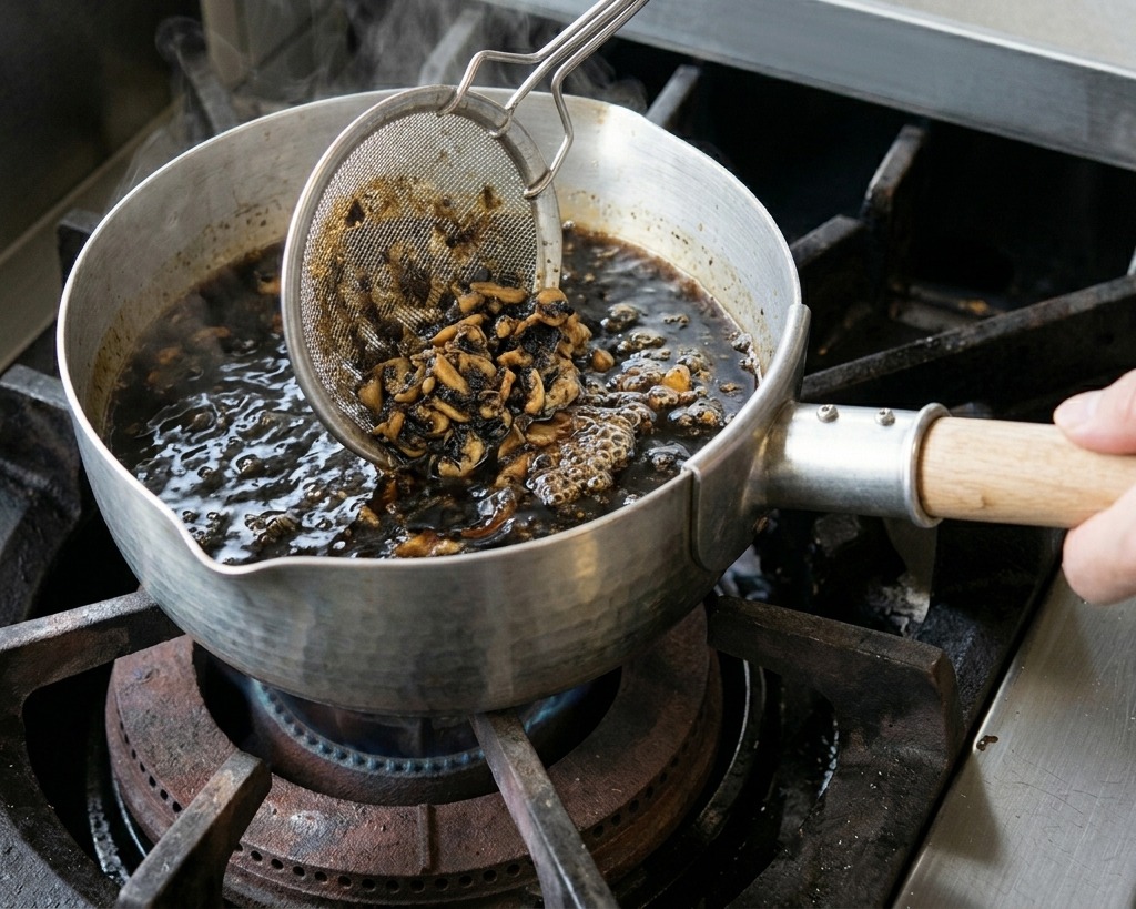 かす揚げを使い、油の中から薄いきつね色に色付いたにんにくをすくい取っている。