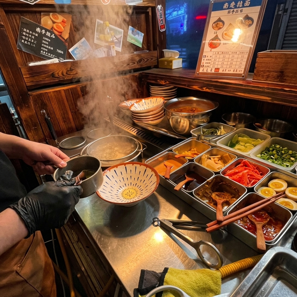 模様入りのラーメン鉢に、小さな手鍋から透明なねぎ油を注ぐ様子。