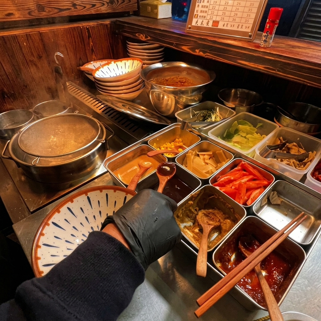 丼の中のねぎ油に、木のスプーンで濃い色の醤油ダレを加える様子。