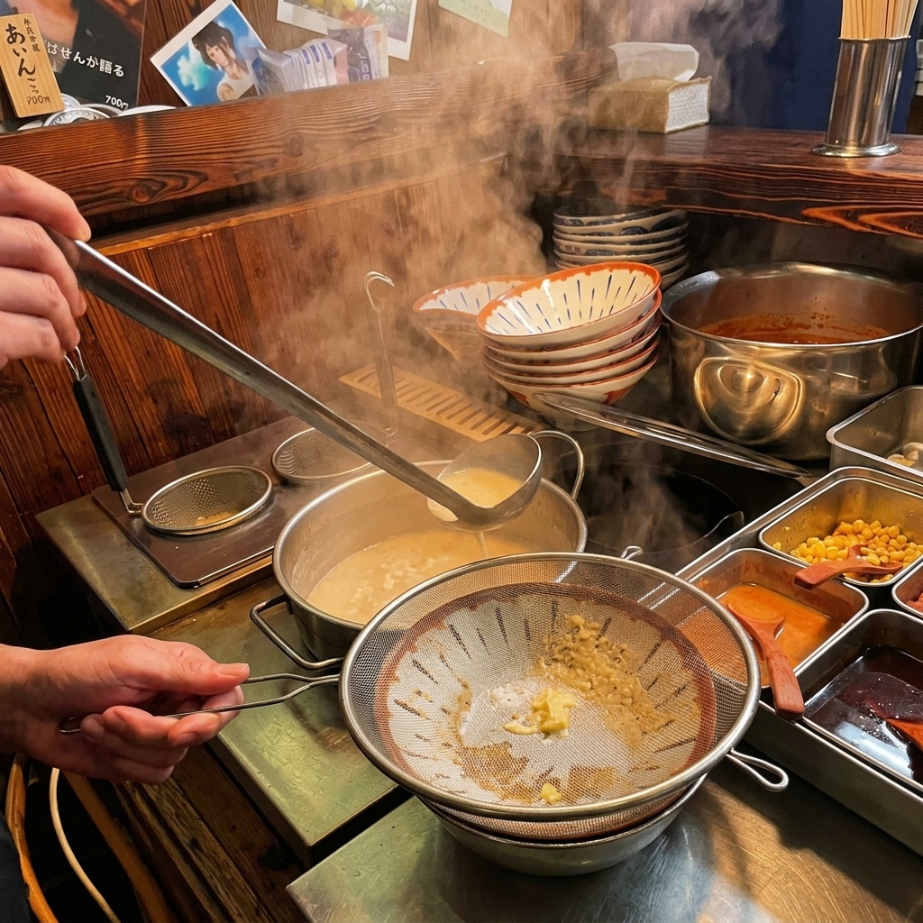 丼に入れたタレの上から、目の細かいこし器を通してクリーミーなスープを注ぐ様子。