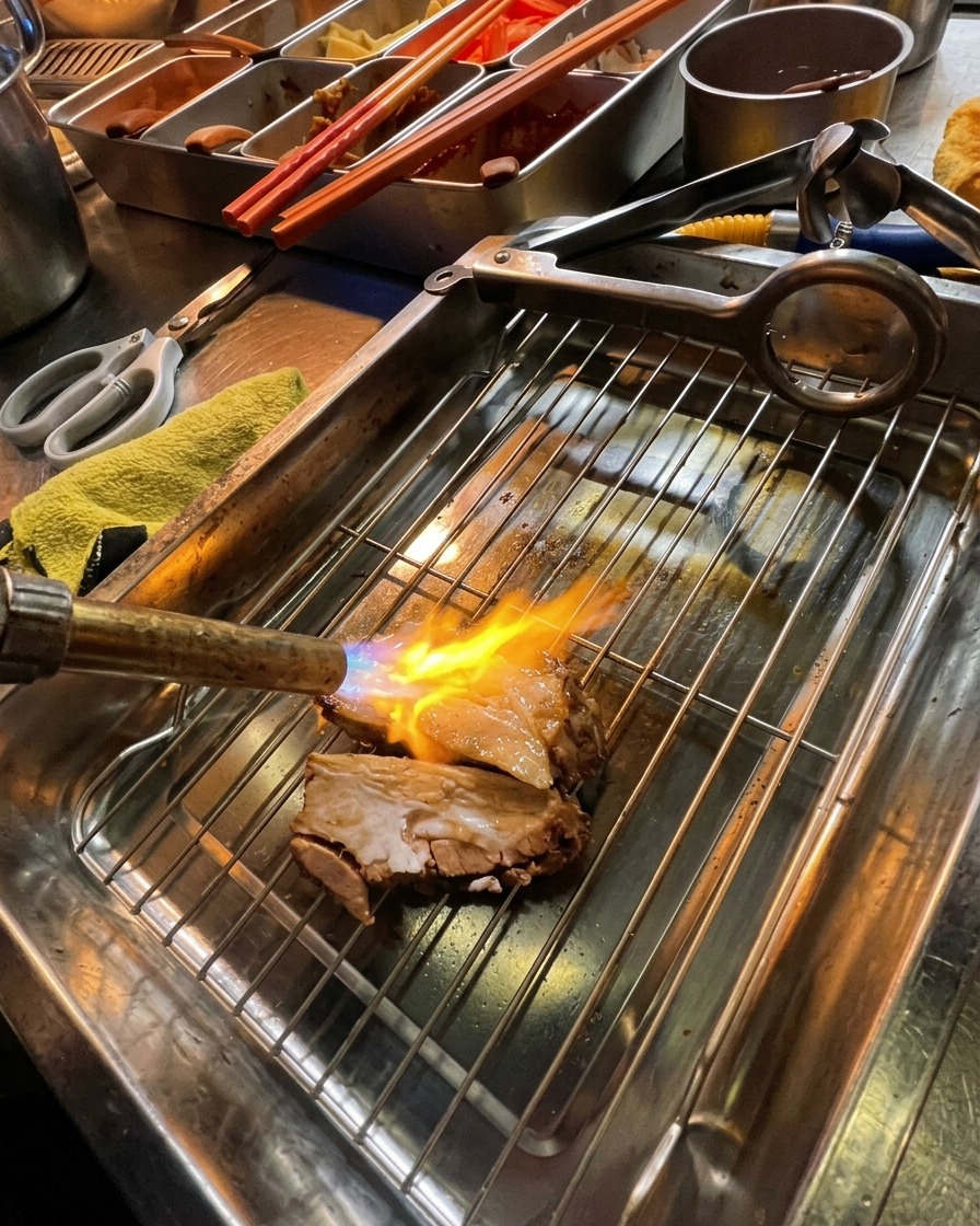 焼き網の上に乗せた厚切りチャーシューを、ガスバーナーで炙っている様子。